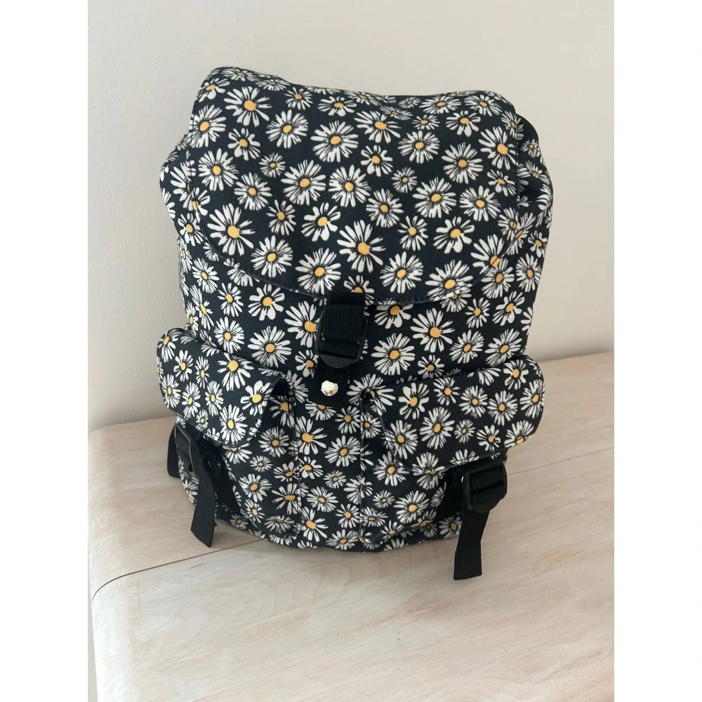 Art Class Daisy Floral Boho Backpack Black White Yellow Recycled Polyester Bag